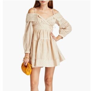 NWT SIMKHAI Bahari cold-shoulder cotton & silk-blend jacquard mini dress. Sz XS